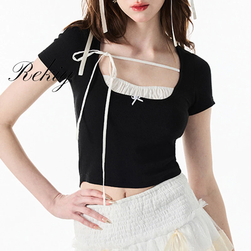 Rekiy Áo Thun crop top Cổ Vuông Giả Hai Mảnh Phối Dây Cột Thời Trang 2023 Cho Nữ