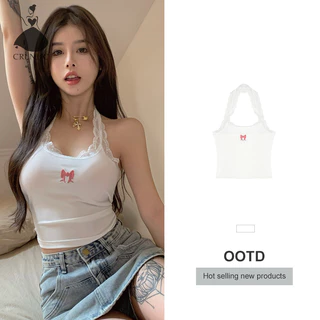 Crlnhc Mùa Hè Hottie Ren Dây Top Nữ Nơ Thêu Không Tay Slim Camisole vn