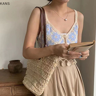 Kans Mùa Hè Nữ Retro Rỗng Thêu Cổ Chữ V Không Tay sel Dệt Kim Camisole vn