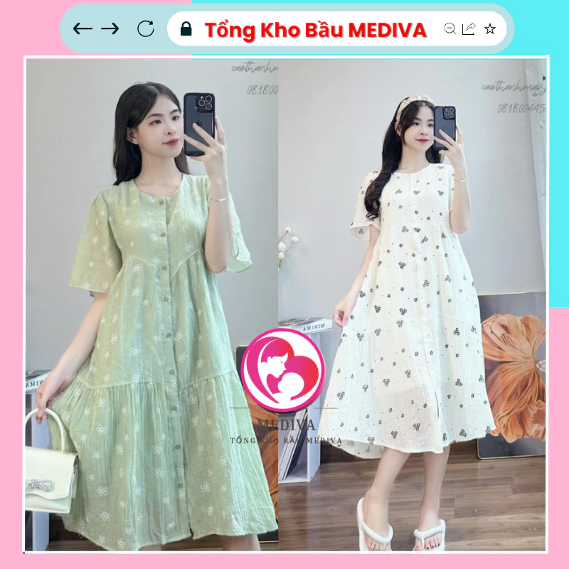 Đầm bầu babydoll hoa nhí xinh xắn thiết kế 2 lớp có nút cài chất lụa cao cấp Mediva86 SK6