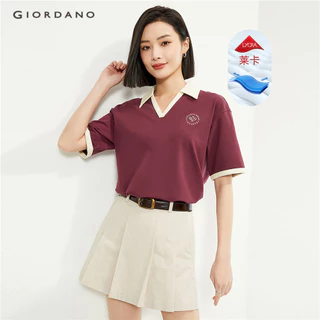 GIORDANO WOMEN Contrasting v-neck embroidery polo shirt 13314214