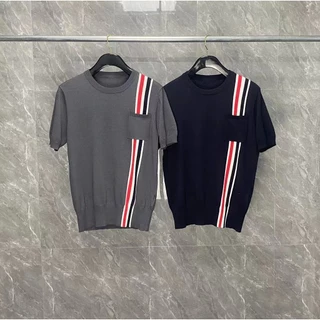 2VJS Thom Browne 23ssNew Wool Short Sleeve Chest Red, White and Blue Striped Men and Women Same Style