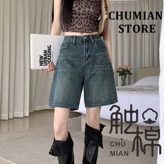 Phụ Nữ Retro Rửa Thẳng Denim Quần Short Cao Cấp Ôm Hơn Nhìn Rời Năm Điểm Quần