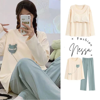 Bộ Đồ Ngủ Nữ Có Đệm Ngực Quần Áo Mặc Ở Trong Nhà Vải Cotton Pijama Dài Tay Dày Ở Nhà Mùa Xuân Thu Đông Hè