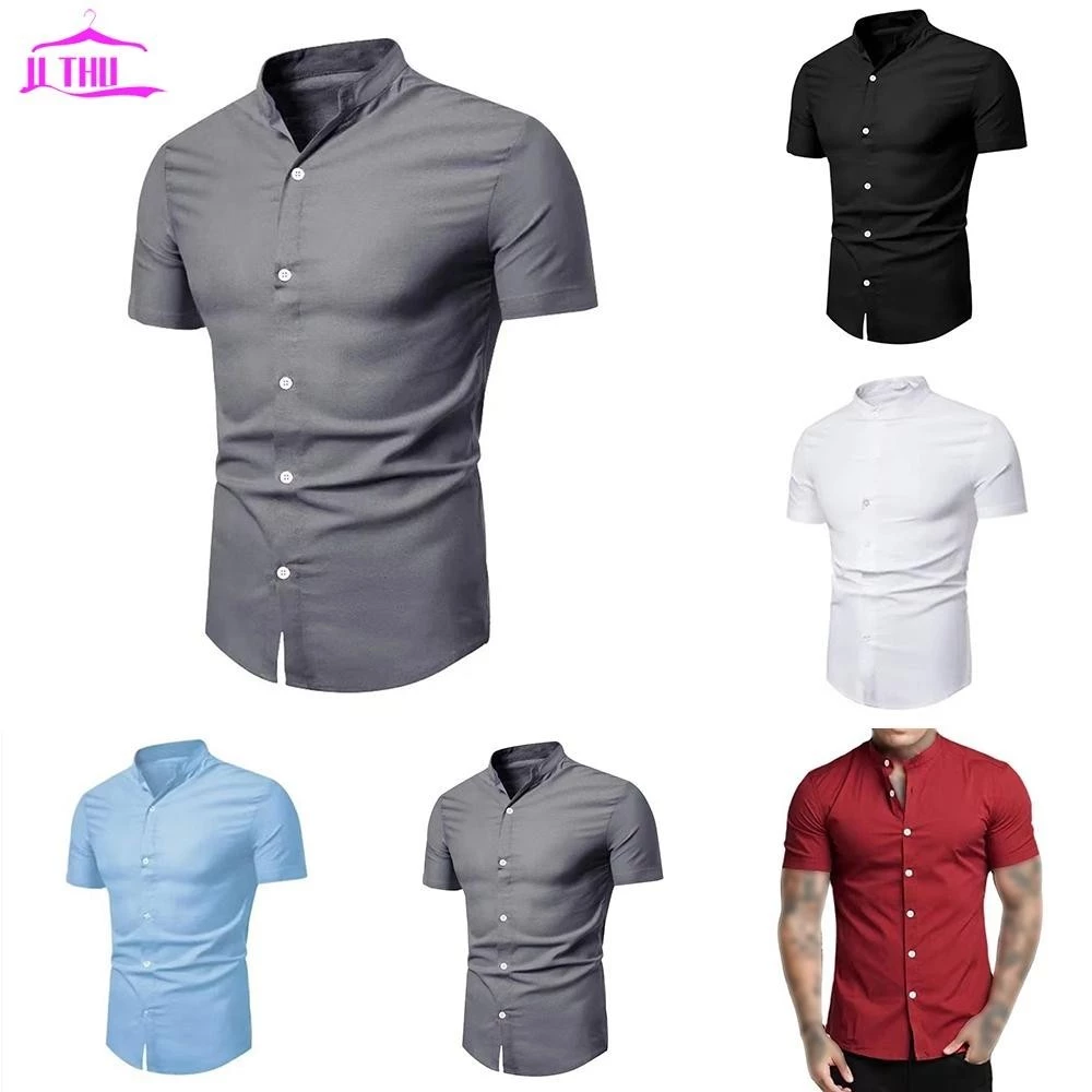 【UTHU】Men Shirt Short Sleeve Solid Color Stand Collar Breathable Button Down