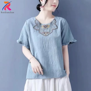 Ruidiandian Mexico Thêu Áo Sơ Mi Vải Lanh Cotton Cho Nữ Boho Áo Và Áo Sơ Mi Tay Ngắn Bohemian Nông Dân Mùa Hè Tunic Top M-4XL