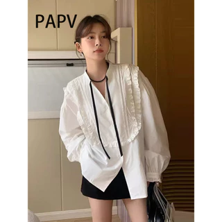 Papv Ins Đen Nấm Ren Cổ Chữ V Tương Phản Ren Lên Bong Bóng Áo Sơ Mi 6957