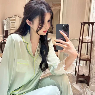 Mới Pháp Màu Trơn ins Cao Cấp Ice Silk Dài Tay Bộ Đồ Ngủ Nữ Xuân Thu Homewear Phù Hợp Với