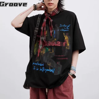 Áo thun nam rãnh mùa hè mới của Mỹ retro graffiti hip-hop in đường phố cao rộng thoải mái giản dị đa năng cổ tròn ngắn tay hàng đầu