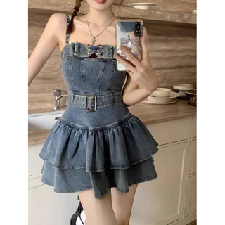 Mùa Hè Mỏng Hơn Nhìn Niche Hot Girl Denim Lông Tơ Chữ a Nữ Ống Top Mỹ Đầm Bánh Sling Retro Váy Ngắn JIID