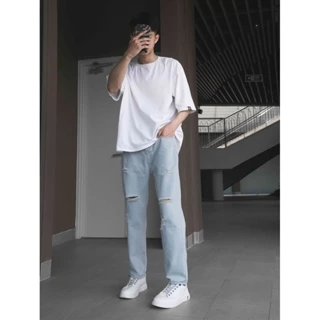 Quần jean ống suông màu xanh nhạt bạc rộng rách nam nữ unisex dáng baggy 0491 hà nội hcm Menswear chuyensiluxury