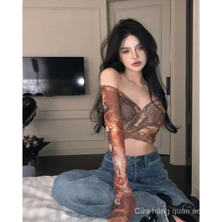 Hot Girl Tie-Dyed Cổ Chữ V Dài Tay Áo Thun Nữ Mùa Xuân Tinh Khiết Desire Cao Cấp Gợi Cảm Slim Fit Giảm Béo Đáy Ngắn Áo Sơ Mi Top