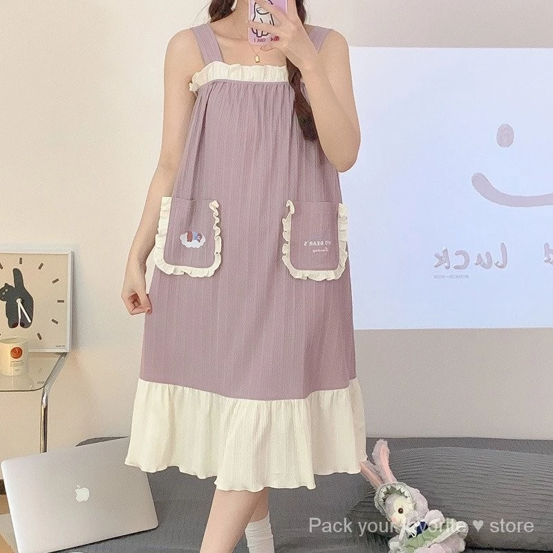 Mùa Hè 2024 Sản Phẩm Mới Bộ Đồ Ngủ Cotton Nữ Nơ Dễ Thương Sling Váy Ngủ Sinh Viên Cô Gái Phong Cách Công Chúa Dịch Vụ Gia Đình