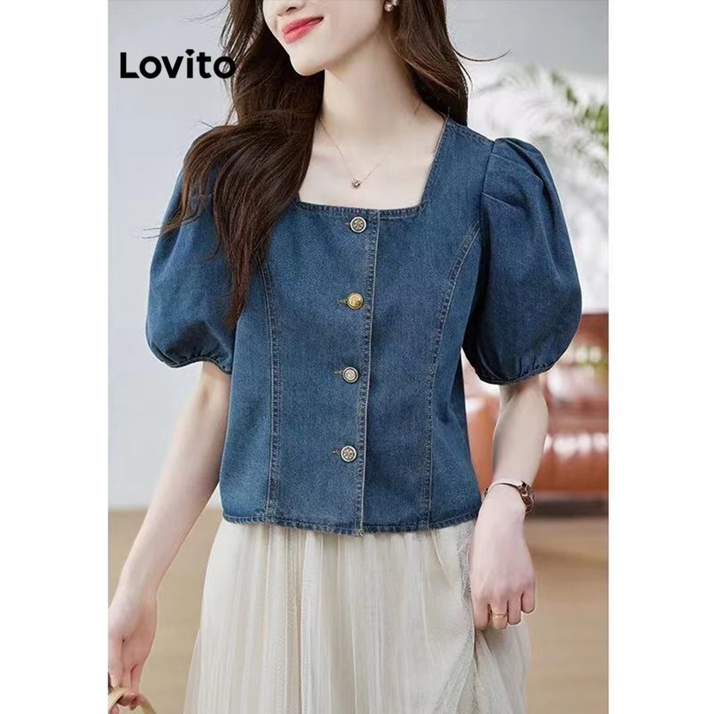 Áo Lovito denim wash thô nút trước màu trơn thường ngày cho nữ LNE27228 (màu xanh dương)