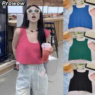 Áo thun thời trang mùa hè không tay dệt kim màu trơn ProwowCroptop