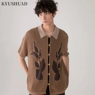 Kyushuad nam tay ngắn hàng đầu Mỹ cổ điển khảm họa tiết in hình rỗng áo cardigan áo thun