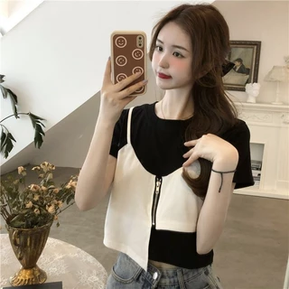 Phong Cách Hàn Quốc Sang Trọng Top Mùa Hè Phong Cách Mới ins Hợp Thời Trang Phiên Bản Hàn Quốc Dệt Kim Mỏng Hơn Nhìn Giả Hai Mảnh Sling Khâu Áo Thun Ngắn