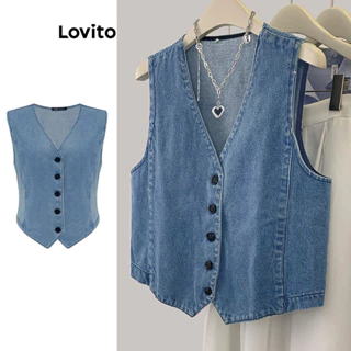 Áo denim giặt Lovito nút trước màu trơn thường ngày cho nữ LNE22048 (Nhiều màu)