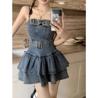 Sling a-Line Retro Mùa Hè Đầm Ôm Hơn Nhìn Lông Tơ Ống Top Váy Ngắn Nữ Hot Girl Niche Mỹ Denim Bánh 14OI