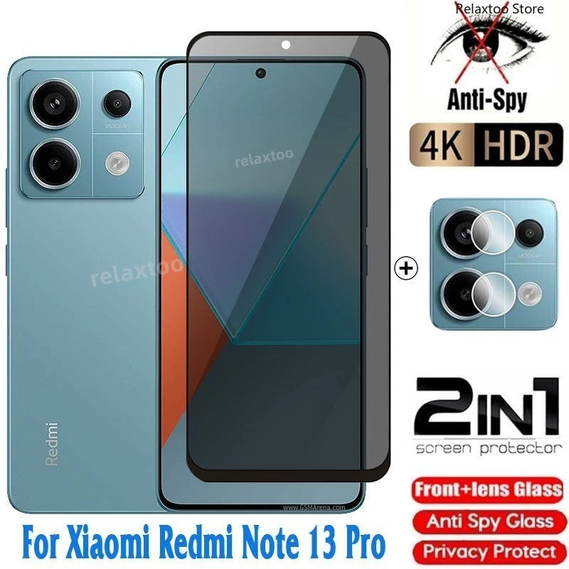 2IN1 Privacy Screen Protect Glass Film For Xiaomi Redmi Note13 13R Note 13 Pro Plus Pro+ Note13Pro+ 13RPro Note13ProPlus RedmiNote13Pro+ 4G 5G Anti Spy Curved Front Screen Back Camera Lens Protect Tempered Glass Film