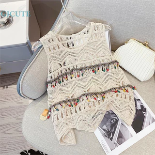 Gjcute Mùa Hè Nữ Retro Rỗng Thêu Cổ Tròn Không Tay Rời sel Dệt Kim Camisole WTD