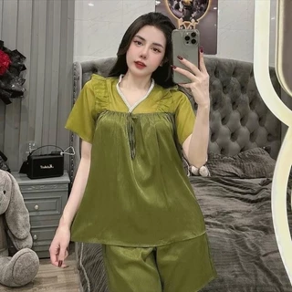 Đồ bộ pijama nữ mặc nhà lụa gấm xước phối voan tay ngắn tiểu thư CC131