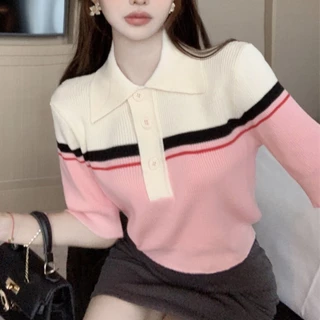 Balamy Hồng Sọc Dệt Kim Ngắn Tay Áo Thun Nữ Mùa Hè Cổ Áo polo Độc Đáo Phong Cách Preppy Áo Ngắn