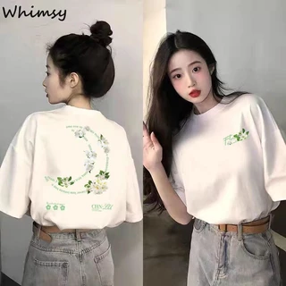 Whimsy Lược bó sát offspun cotton nguyên chất dải lưng mùa xuân hè dáng rộng vai phải in áo thun ngắn tay