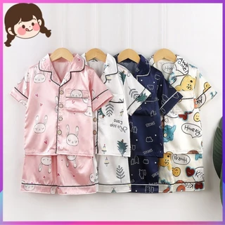 Trẻ Em Xuân Hè Phong Cách Mới Bé Trai Bé Gái Hoạt Hình Lụa Băng Tay Ngắn Homewear Phù Hợp Với Nhẹ Bộ Đồ Ngủ Trẻ Em DB7L