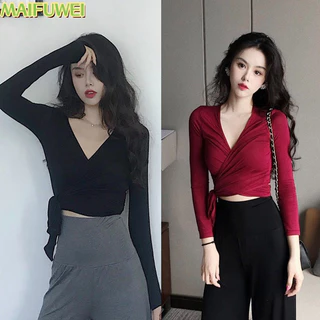 Áo crop top dài tay màu MAIFUWEISolid với thiết kế cổ chữ V dành cho nữ