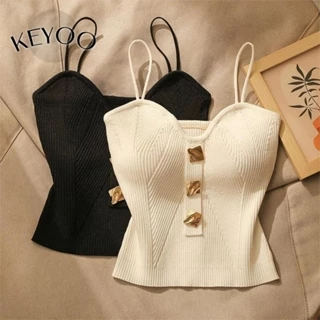 Keyoo 2024 Nữ Mùa Hè Phong Cách Pháp Dệt Kim Vai Áo Vest Camisole Tank Top Áo Vest Ngắn Không Tay Mỏng Gợi Cảm Làm Đẹp Suspender Nút Kim Loại Áo Ngắn