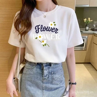 Áo thun Cotton ngắn tay nguyên chất dành cho nữ Mùa hè Phong cách mới Phiên bản Hàn Quốc dáng rộng mỏng hơn trông tươi tắn Đơn giản in vai Top T @