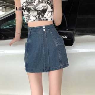 Lovito Túi trơn thường ngày có túi giả có khóa kéo phía trước có túi Quần short denim cho nữ LNE55541