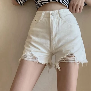 Jiashuchen Quần Short Denim Nữ Mùa Hè Phong Cách Mới Siêu Quần Short Rời Phù Hợp Với Học Sinh Cao Cấp Rách Rách Mờ Ống Rộng Nóng