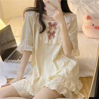 Bộ đồ ngủ ren phong cách Nhật Bản có nơ, quần short ngắn tay phong cách công chúa mùa hè, bộ đồ mặc nhà rộng rãi dành cho nữ