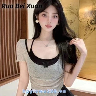 Áo thun nữ Ruo Bei Xuân Hot Girl Hollow Slim Tay ngắn không đều thường ngày phù hợp