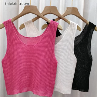 Thi Mùa Hè Cổ Tròn Đan Top Nữ Màu Trơn Không Tay Rời Áo Móc Ngọt Áo Len Crop Tops VN