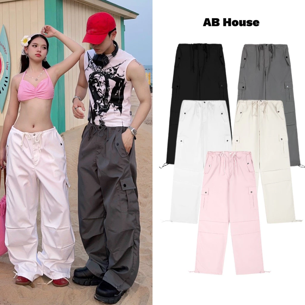 AB HOUSE - Quần dù WHITE PINK dây rút (form to) nam nữ - quần ống rộng oversize local brand