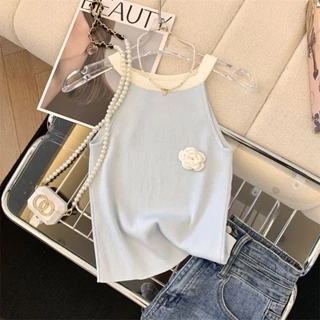 Phong Cách Hàn Quốc Tươi Cổ Dây Dệt Kim Camisole Nữ Mùa Hè Phong Cách Mới Thiết Kế Phong Cách Retro Slim-fit Áo Không Tay