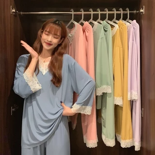 Bộ Đồ Ngủ Bằng Lụa Băng Nữ Mùa Hè 2024 Thường Ngày Màu Trơn Loungewear Dài Tay Có Thể Mặc Bên Ngoài Ren Hai Mảnh Phù Hợp Với