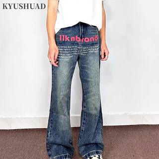 Kyushuad Quần nam Mỹ retro màu hồng in chữ cá tính đường phố giặt quần jean ống rộng dài sàn đau khổ