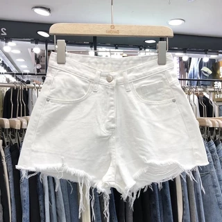 FEIRAN Quần short denim rách nữ, quần hot phong cách mới lưng cao và giảm béo, quần ống rộng viền phong cách Hàn Quốc