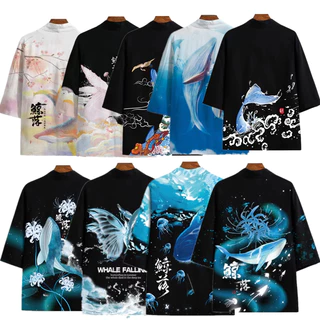 Plus Size 4XL 5XL Phong Cách Nhật Bản In Hình Cá Voi Kimono Đi Biển Áo Cardigan Áo Nam Nữ Dạo Phố Samurai Haori Quần Áo Châu Á (Không Bao Gồm Áo Thun)