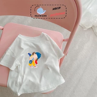 Áo thun ngắn tay cho bé trai và bé gái Delfin Kids từ 10-25kg, áo phông mùa hè trẻ em cotton in hình bé gái dễ thương