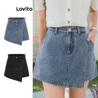 Quần short denim Lovito phối túi cài nút màu trơn thường ngày cho nữ L67AD152 (Nhiều màu)