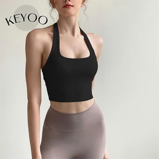 Keyoo Nữ Dây Thời Trang Dây Spandex Áo Ngực Thể Dục Áo Ngực Không Tay Áo Treo Cổ Áo Ngực Thể Thao Không Lưng Màu Trơn Cao Co Giãn Thể Dục Áo Ngực Tập Luyện Áo