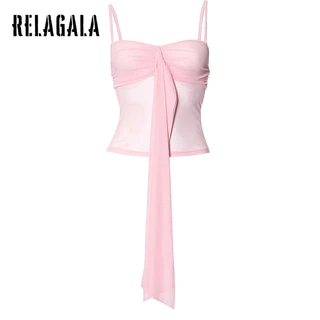 Relagala Nữ 2024 Mới Thời Trang Thường Ngày Gợi Cảm Rỗng Ren Lên Nơ Suspender Màu Trơn Crop Top