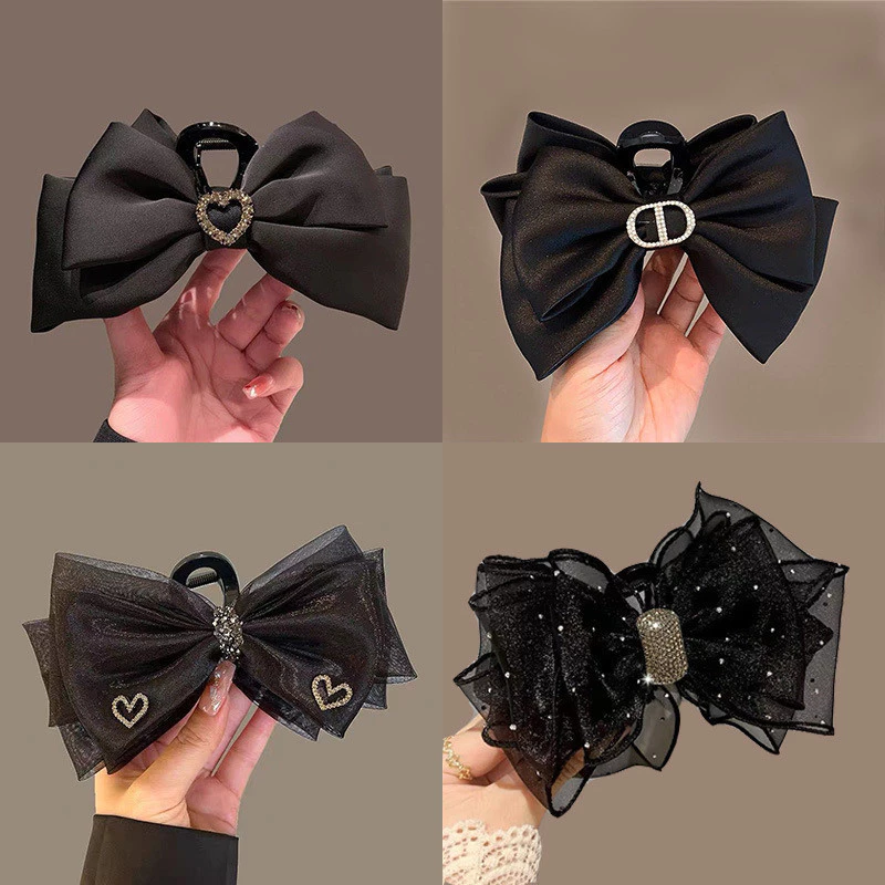 Cao cấp Satin Lớn Nơ Đen Cá Mập Kẹp Mũ Đội Đầu Vuông Kim Cương Đầu Sau Kẹp Tóc