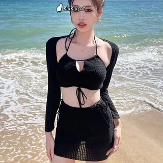 Biubiucat Đồ Bơi Ba Mảnh Nữ Phong Cách Hàn Quốc Dây Bikini Áo Dài Tay Màu Trơn Mùa Xuân Nóng