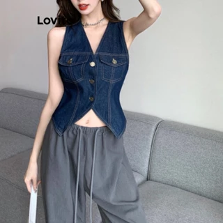 Áo denim Lovito có túi trước cài nút viền nổi màu trơn thường ngày cho nữ LNA21268 (màu xanh dương đậm)